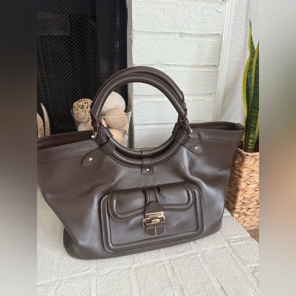 JIMMY CHOO Tahula Dark Brown Leather Gold Hardware Satchel Shoulder Bag Tote - Picture 2 of 16